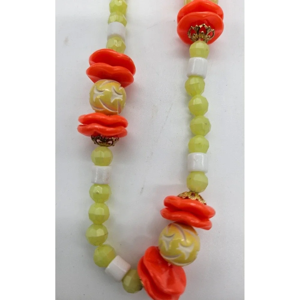 Vibrant‎ Beaded Necklace Orange Yellow Green White Statement Chunky Boho